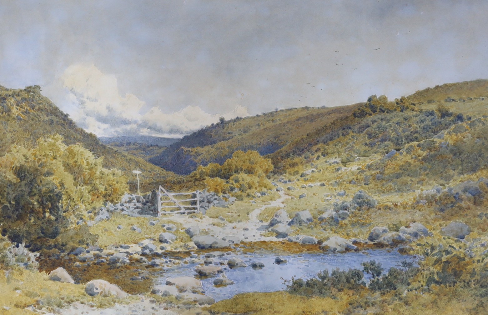 Arthur Suker (1857-1902), Bilstone Cleave, Dartmoor, watercolour, signed, 38 x 58cm
